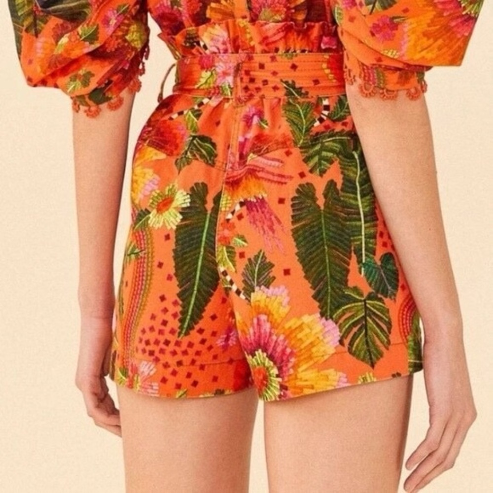 Farm Rio Women's High Rise Paperbag Shorts in Orange Blooming Garden Size: XS - Picture 3 of 13